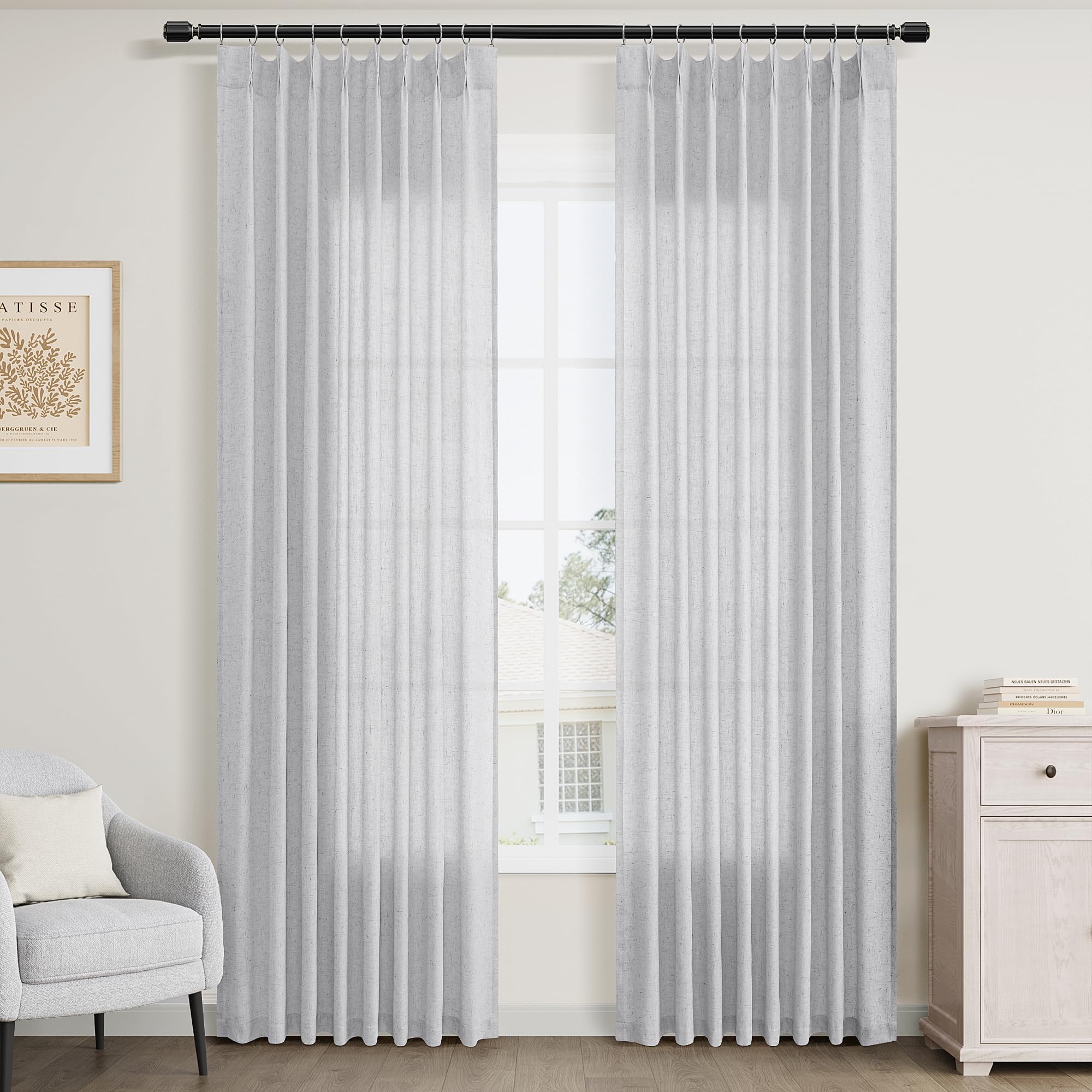Photo 1 of Joywell Linen Pinch Pleated Window Curtains 84 Inch Long,Back Tab Clip Rings Semi Sheer Light Filtering Drapes with Hooks for Bedroom Living Room Decor,W50 x L84,Silver,2 Panels Set