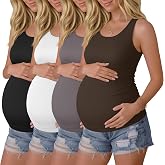 Sweetyweee 4 Pack Women's Maternity Tank Tops | Pregnancy Sleeveless Shirts, Racerback, Crewneck, Side Ruched, Summer, Casual, Athletic, Workout, Mama Clothes