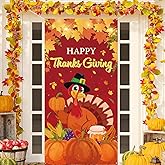 Happy Thanksgiving Door Cover Banner,72 x 36 Inch Large Thanksgiving Party Decorations with Pumpkin, Autumn Harvest Turkey Designs Photo Wall Backdrop, Front Door Fall Decor Indoor/Outdoor Porch Sign