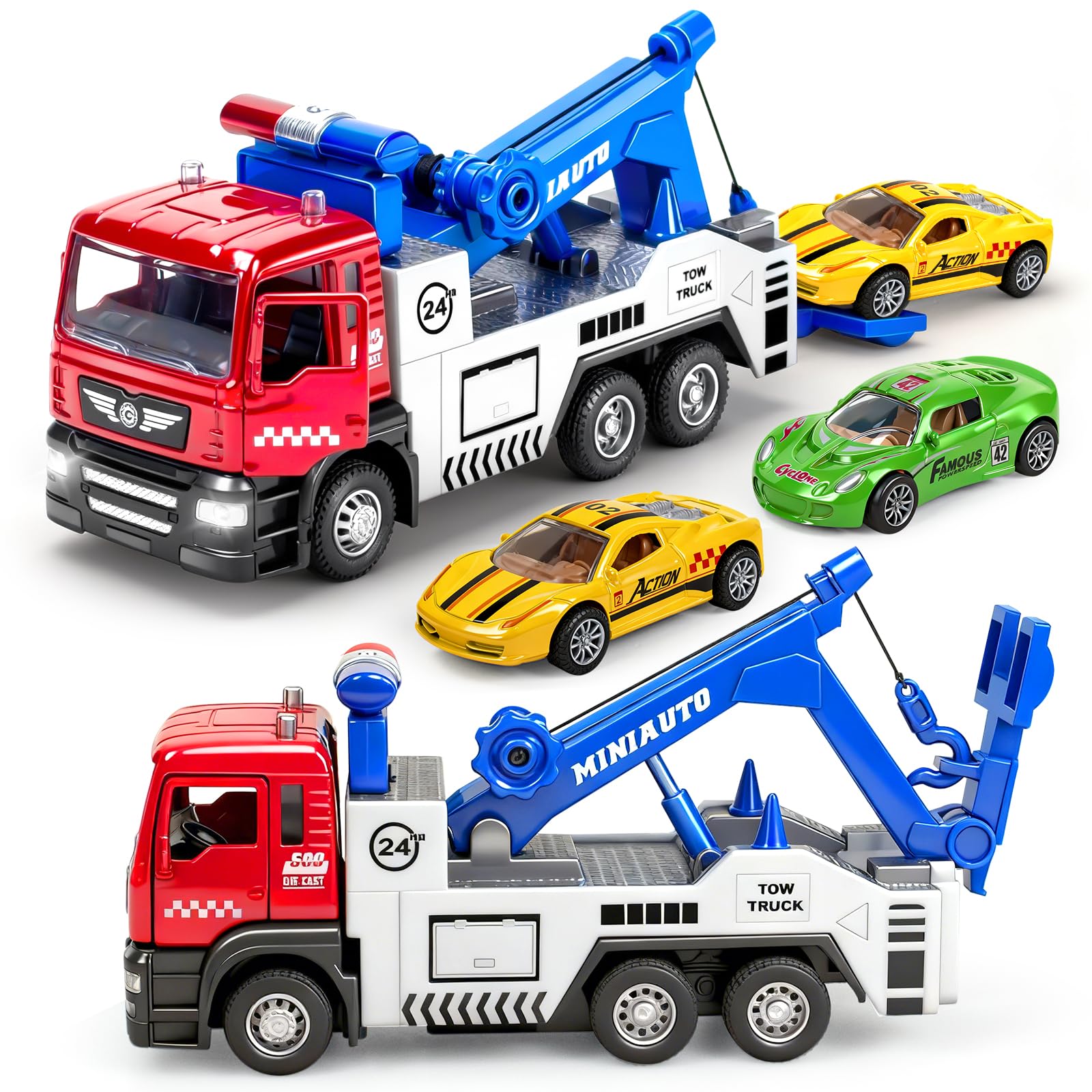 Tcvents Diecast Tow Truck Toy- Pull Back Truck Vehicles with Lights & Sound and 2Pcs Mini Toy Cars Carrier Trucks Toys, Metal Tow Car for Boys Age 6 7 8 9 Years Old