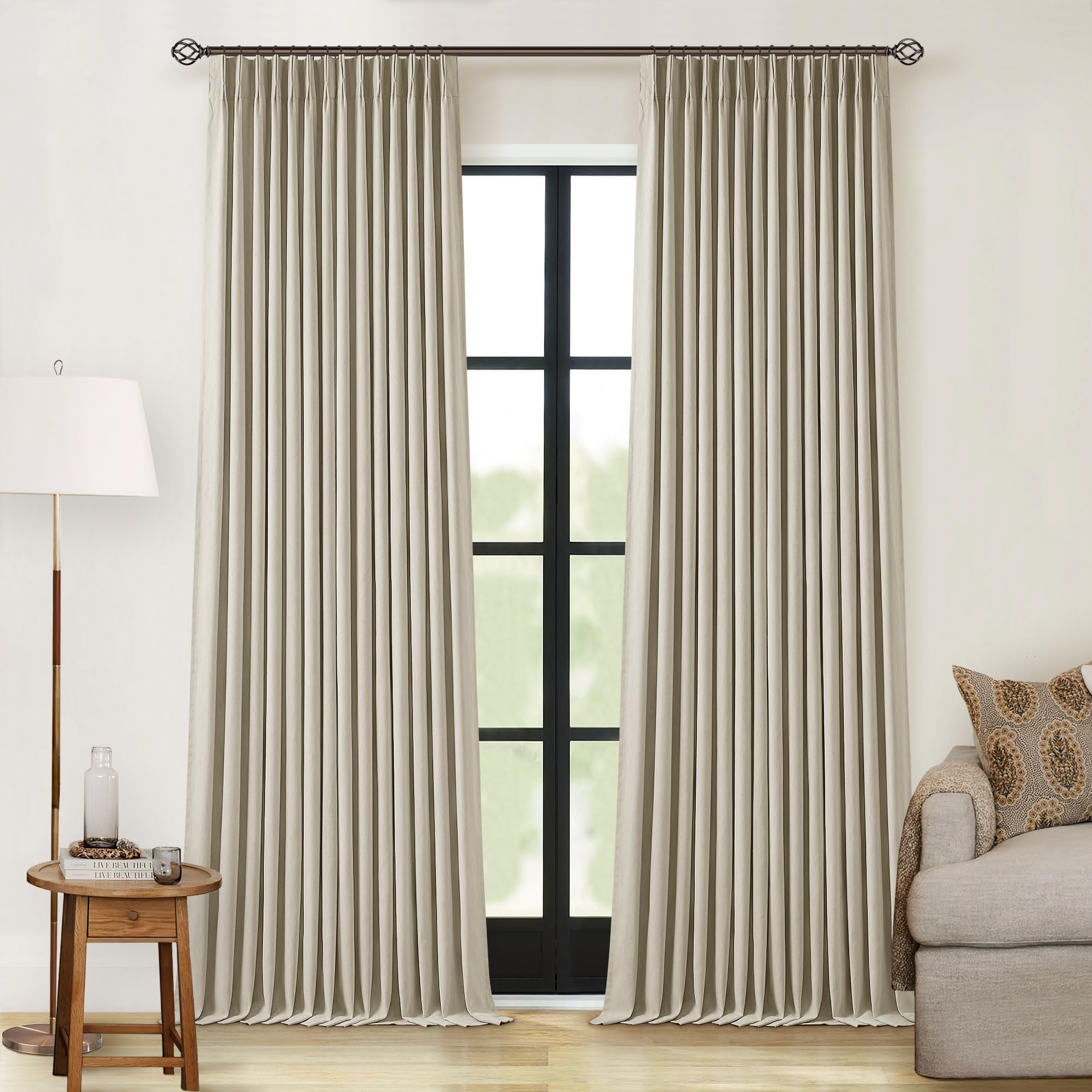 Photo 1 of 90 Inch 100% Blackout Linen Pleated Curtains 2 Panels for Living Room Pinch Pleated Back Tab Black Out Drapes Memory Shape Taupe Heat Reducing Pinch Pleat Window Curtains for Bedroom 90 Inches Long