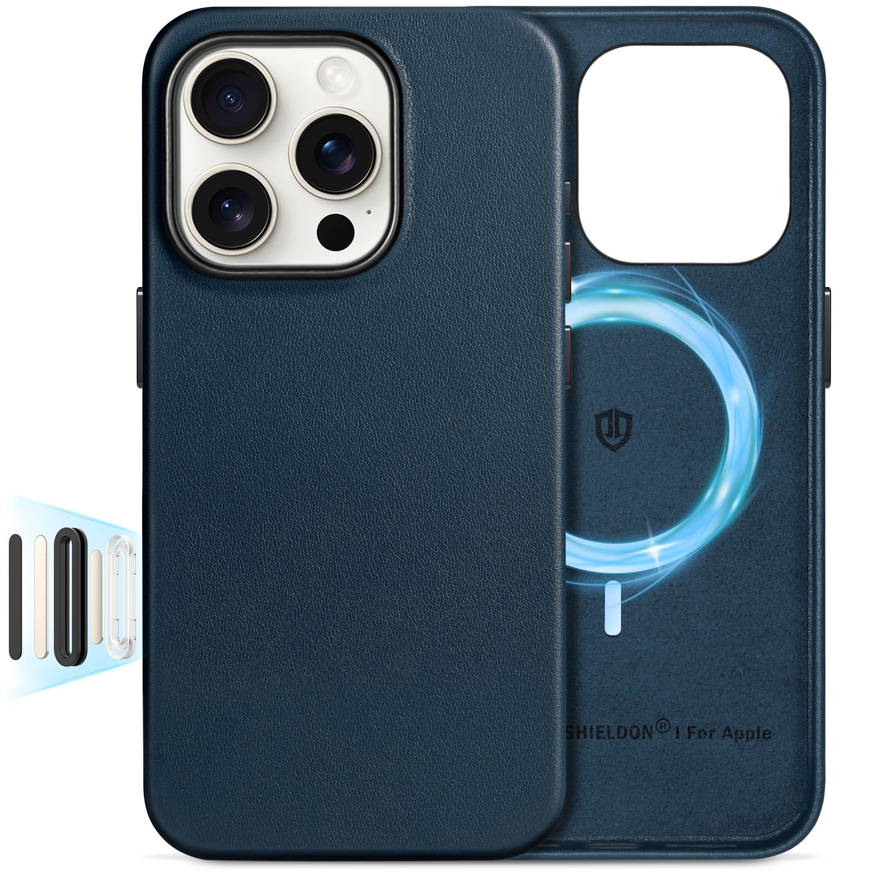 SHIELDON Case for iPhone 16 Pro 6.3", Genuine Leather Magnetic Slim Thin Case [Wireless Charging][Anti-Scratch][Non-Slip][Metal Button] Shockproof Phone Cover Compatible with iPhone 16 Pro - Navy Blue