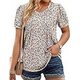 IN'VOLAND Plus Size Tops for Women Summer Puff Short Sleeve Tunic Pleated V Neck Shirts Casual Floral Solid Blouse