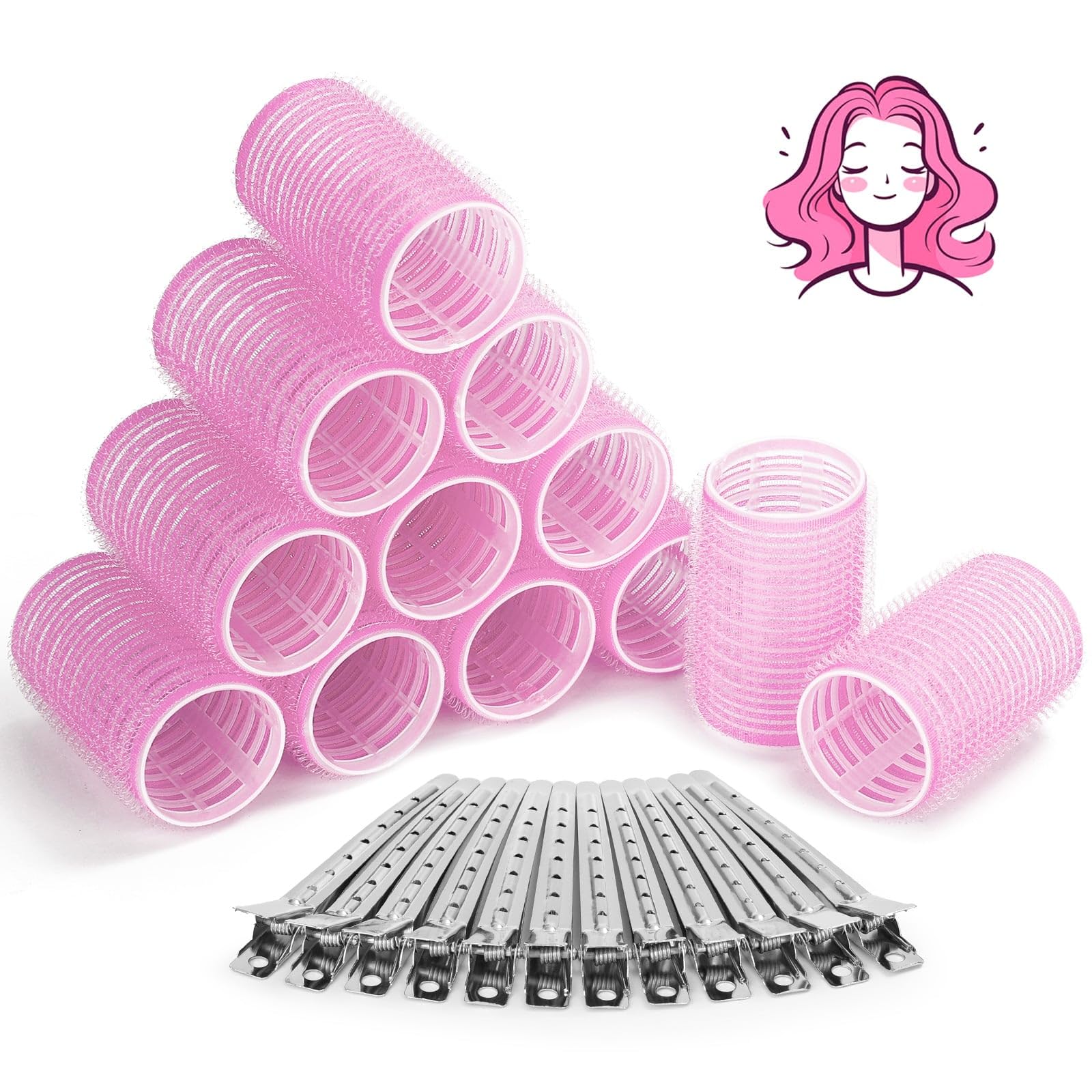 Photo 1 of Hair Curlers Rollers, 12Pcs Hair Rollers Hair Curlers Self Grip Holding Rollers with 12 Pcs Hair Clips for Long Medium Short Thick Fine Thin Hair Bangs Volume