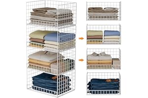 YOCIYOGA 4-Tier Stackable Closet Organizers and Storage Basket, Foldable Closet Shelf Organizer System, Space-Saving Clothes Storage Drawer Organizer for Wardrobe, White (Patent Pending)