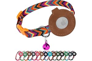 BUDKAS Airtag Cat Collar with Bell - Non Breakaway Soft Pet Collar with Leather Air Tag Holder - Adjustable GPS Anti-Lost Collars for Girl Boy Cats Kitten Puppies, Lightweight and Patterned (Arrows)