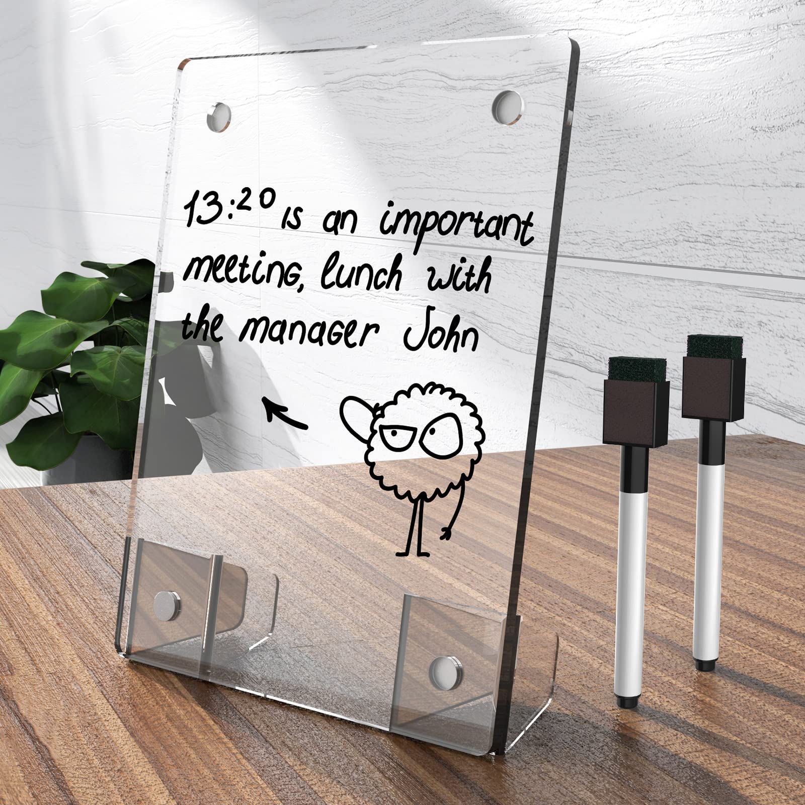 NiOffice Clear Acrylic White Board 8x6 Inches,Weekly Planner Board, Frameless Desktop Dry Erase Board with Flexible Magnetic Stand and Markers, Whiteboard Desk Accessories for Home, Office, School