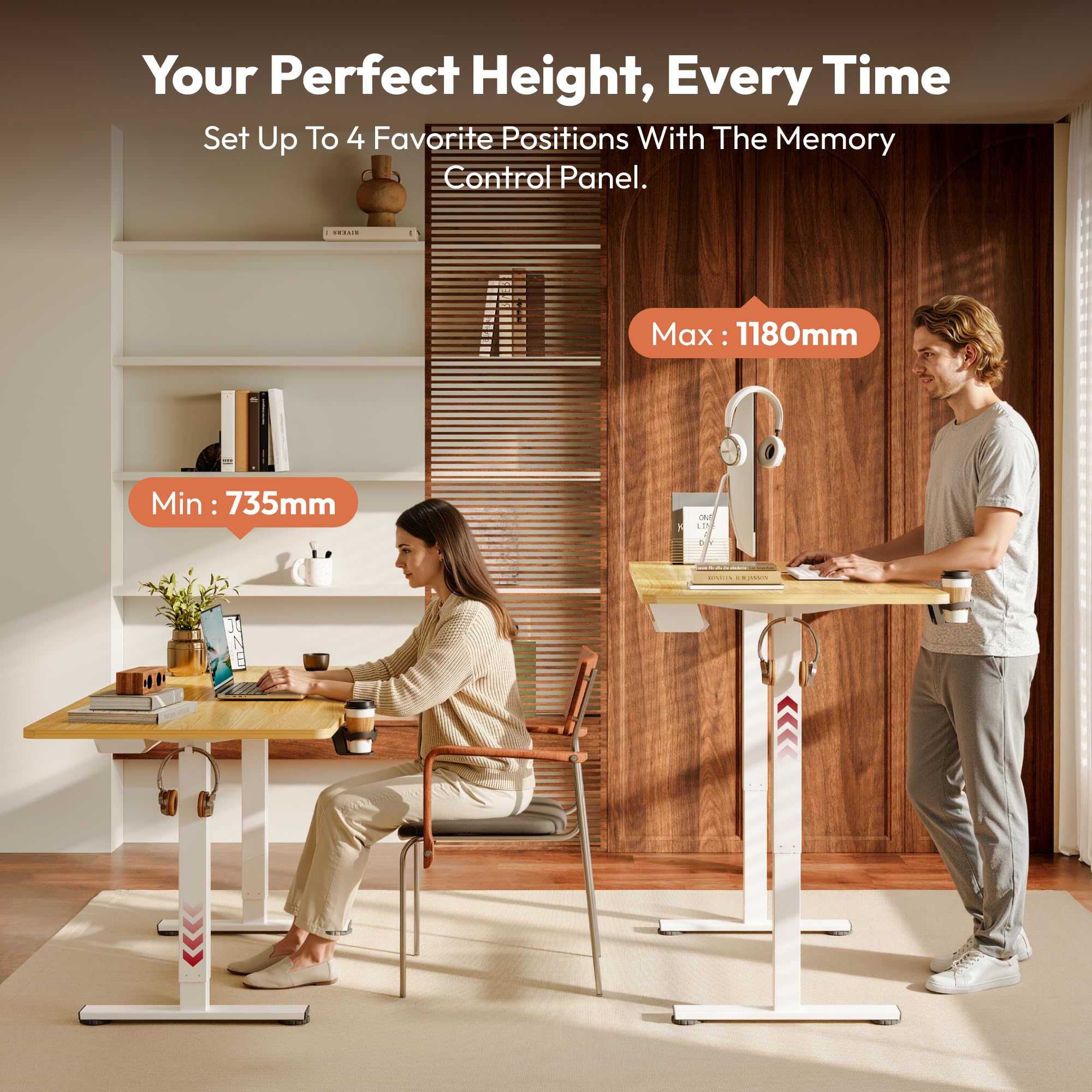 SANODESK Höhenverstellbarer Schreibtisch 110×54 cm – Kompakter Standing Desk mit praktischem Zubehör, ideal für kleine Räume, leise & sicher mit Anti-Kollisions-Schutz(ahorn) 6