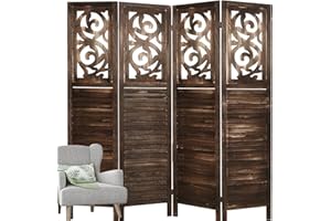 ECOMEX 4 Panel Carved Room Divider 5.6Ft Wood Room Dividers Folding Screens Room Dividers Screen for Bedroom Office Restaurant, Rustic Brown