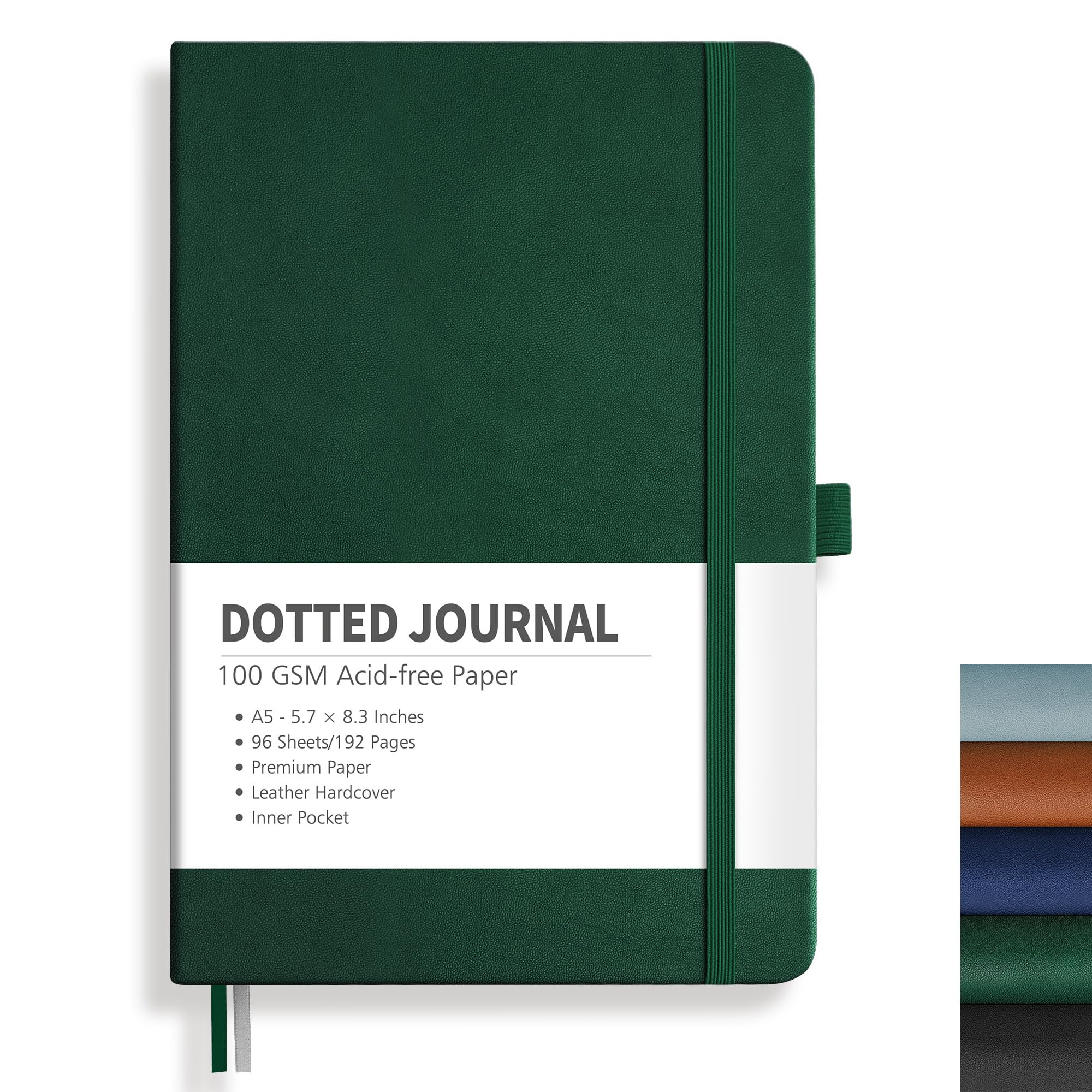 RETTACY Dotted Journal, A5 Dotted Notebook 192 Pages for Women Men Work Office School, 100 GSM Thick Paper, Leather Hardcover, Pen Holder, Bookmark, Inner Pocket and Banded, 14.8X21 cm - Dark Green