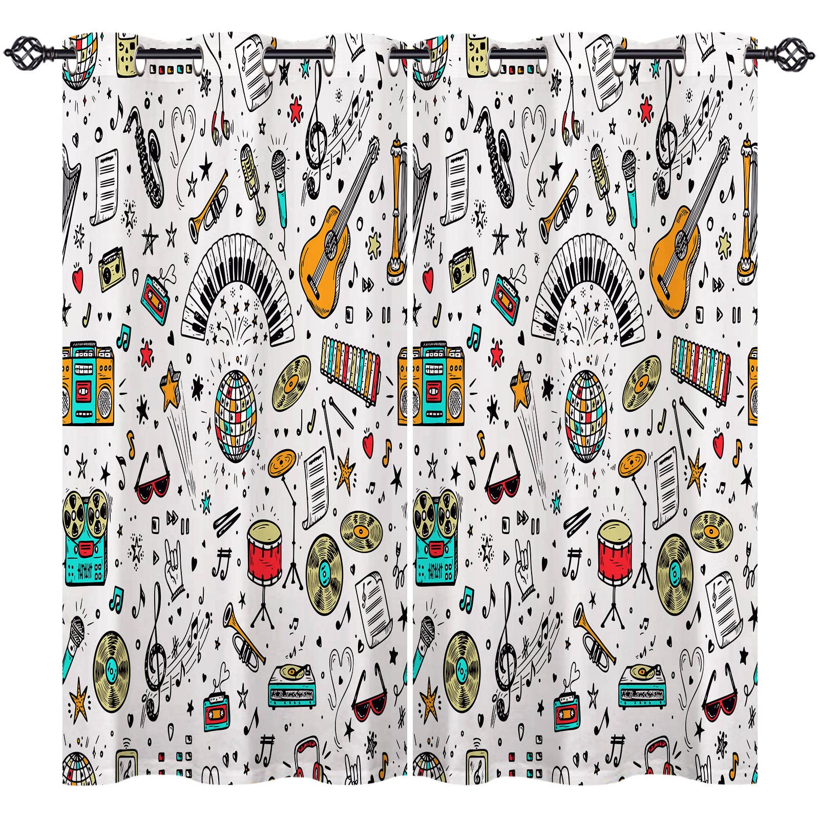 ANHOPE Music Curtains Eyelet 80% Blackout Room Darkening Curtains with Retro Hand Drawn Doodle Musical Print Pattern Light Blocking Window Drapes for Bedroom Living Room 46 x 54 Inch Drop 2 Panels