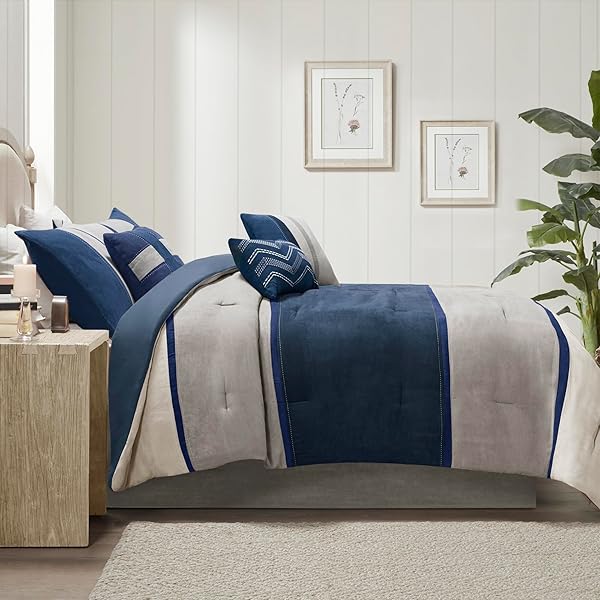 MADISON PARK PALISADES COMFORTER SET MODERN FAUX SUEDE PIECED STRIPE DESIGN, ALL SEASON DOWN ALTERNATIVE COZY BEDDING WITH MATCHING SHAMS, DECORATIVE PILLOWS, CAL KING(104″X92″), BLUE 7 PIECE