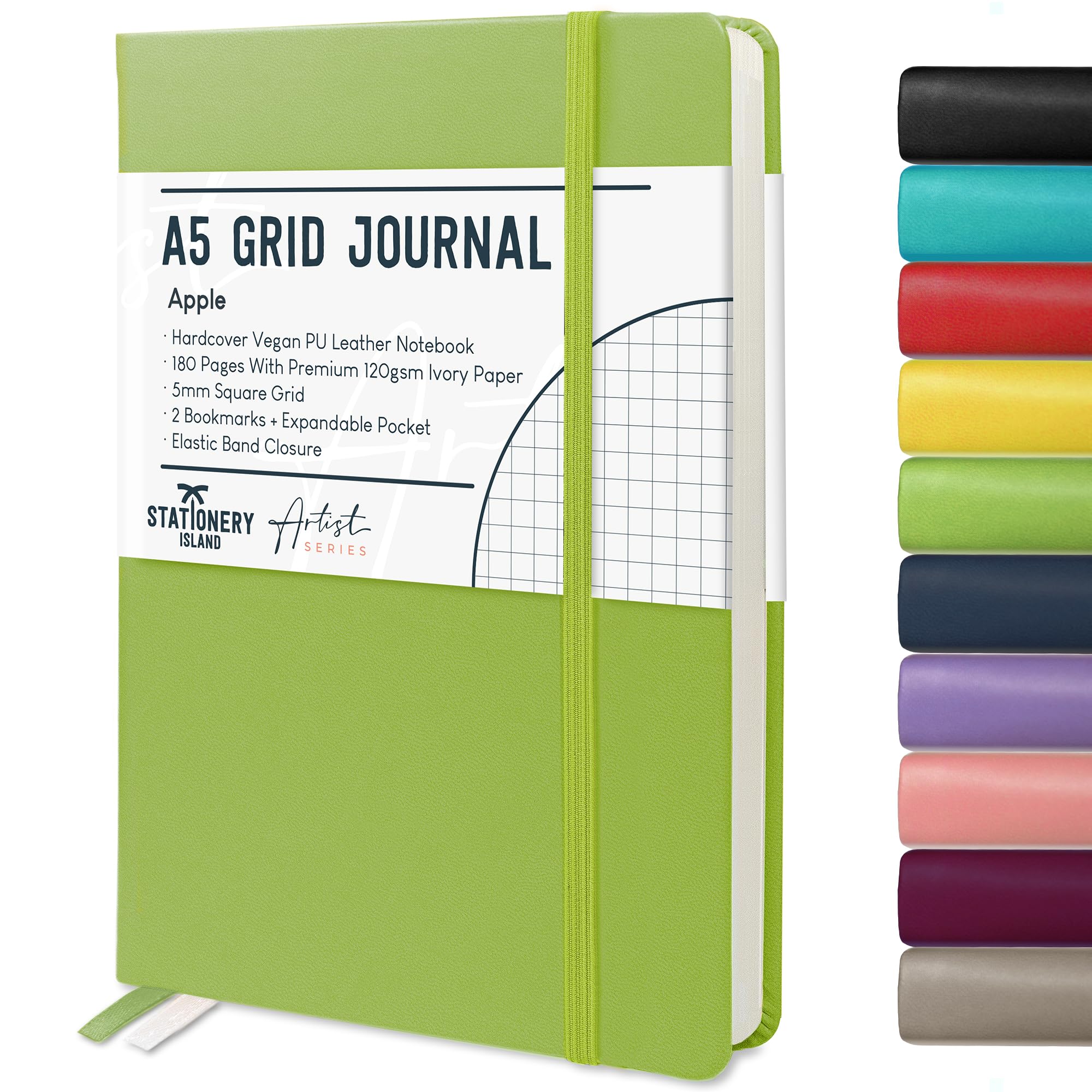 STATIONERY ISLAND A5 Squared Notebook, Graph Paper Notebook with 120gsm Premium Thick Paper, 180 Pages Hardback Grid Notebook for Planning, Diary, Journaling