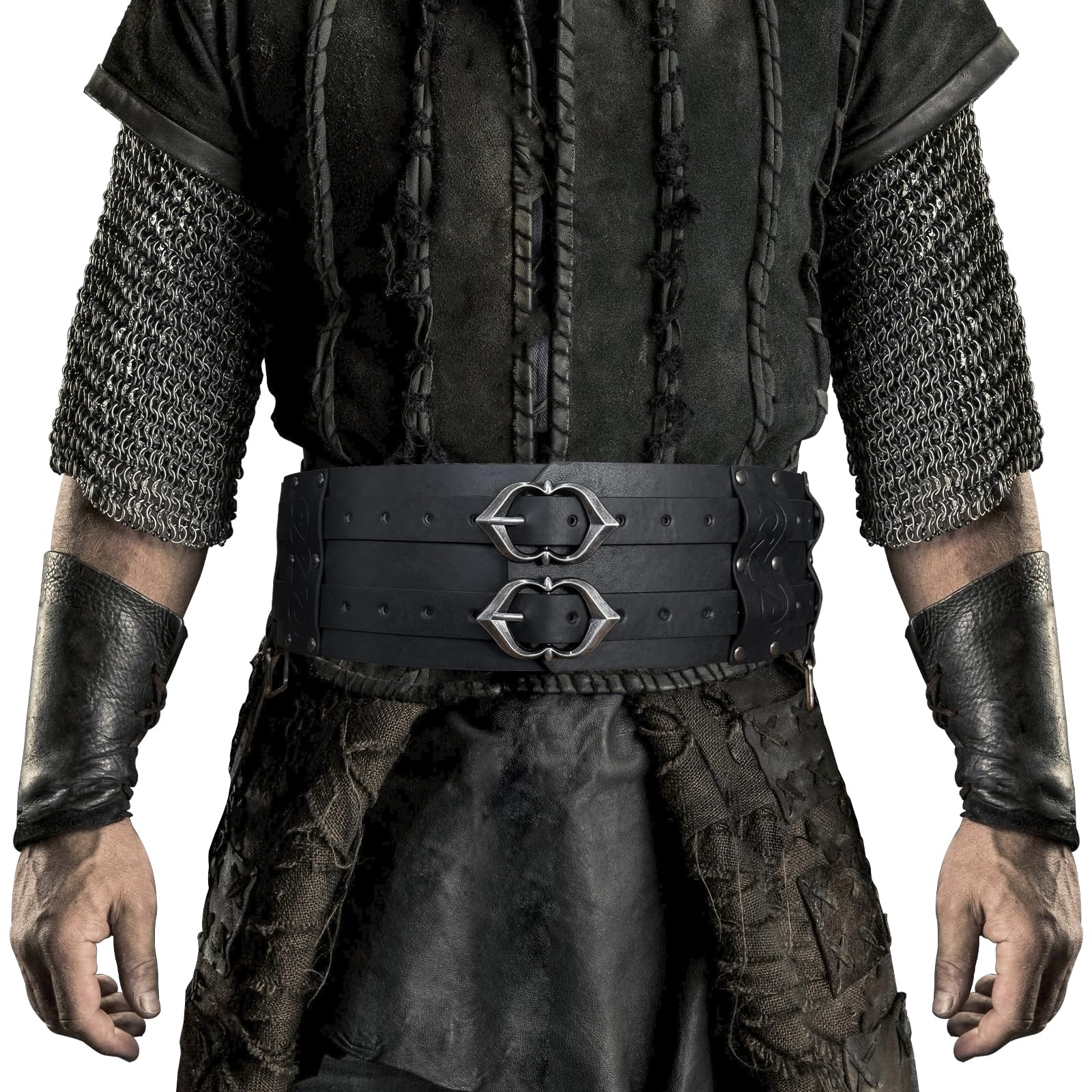 HiiFeuer Viking Wide Belt, Medieval Faux Leather Armor Belt Knight Corset Belt, LARP Costume (Black B)