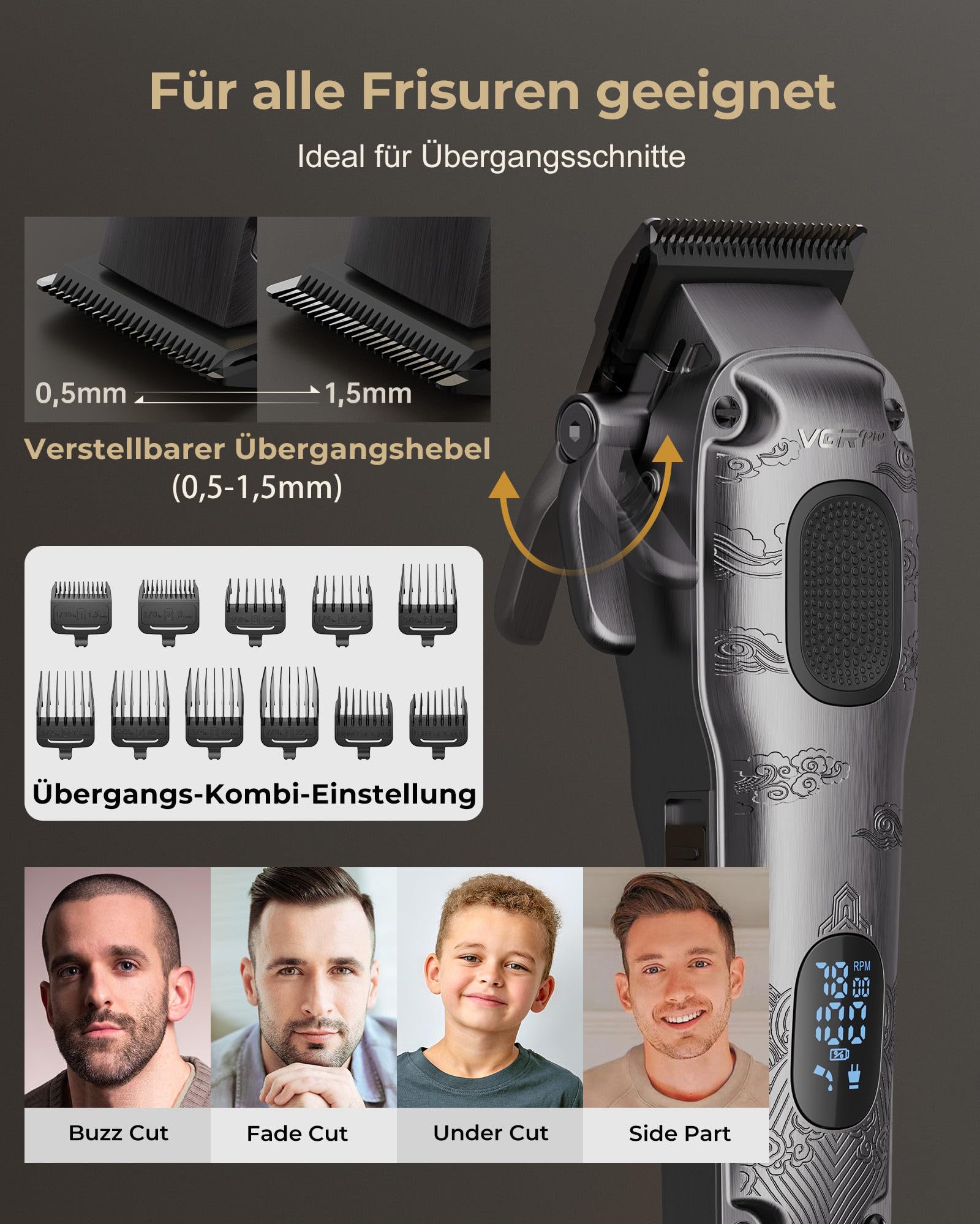 VGRPRO Haarschneidemaschine für Männer Professionell, Kabellose Haarschneidemaschine profi zum Haareschneider, Haarschneider Herren und Trimmer Set, Elektrischer Trimmer Herren mit Paket Box(Gray) 3