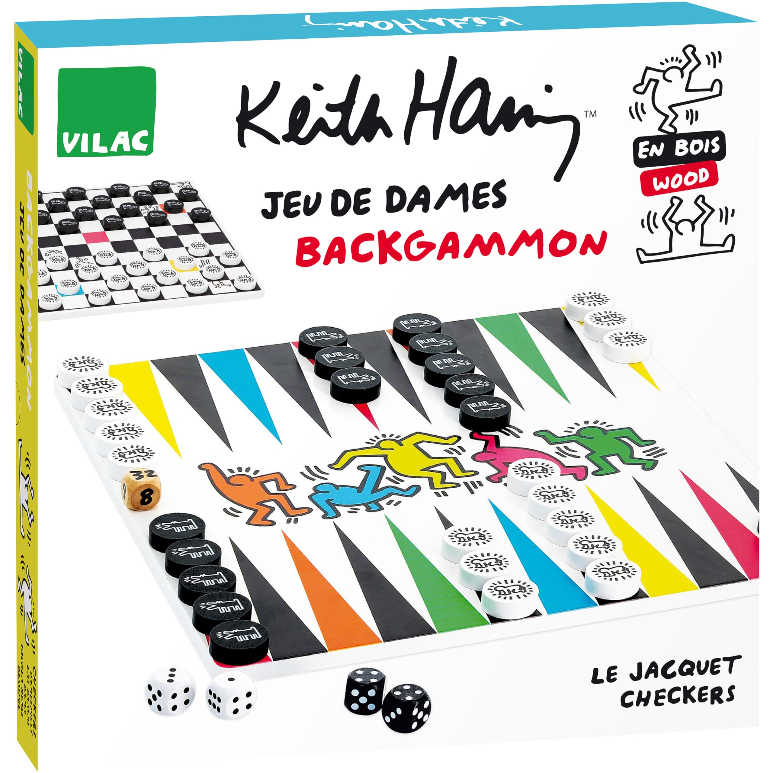 Vilac - Keith Haring Checkers/Backgammon Game, Children's educational toy Multicoloured, Board Game, Family Game, Wooden Toy, Children's