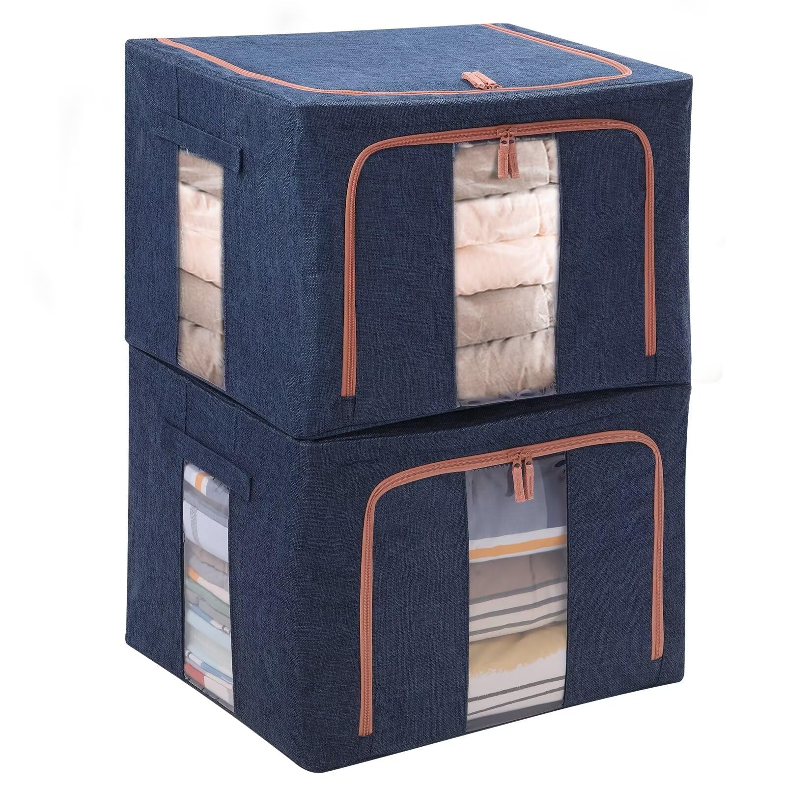Tasmegol 2 Pack Storage Bins Boxes with Clear Windows and Metal Frames Collapsible and Stackable Linen Fabric Closet Organiser Container for Clothes Beddings (Navy)