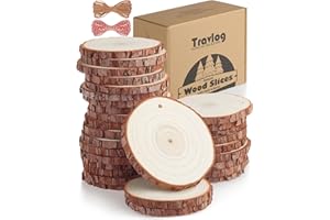 Travlog Unfinished Wood Slices with Hole, Natural Wooden Circles with Bark for DIY Crafts, Home Decor, Christmas Ornaments (30Pcs, 3.5-4 Inch)
