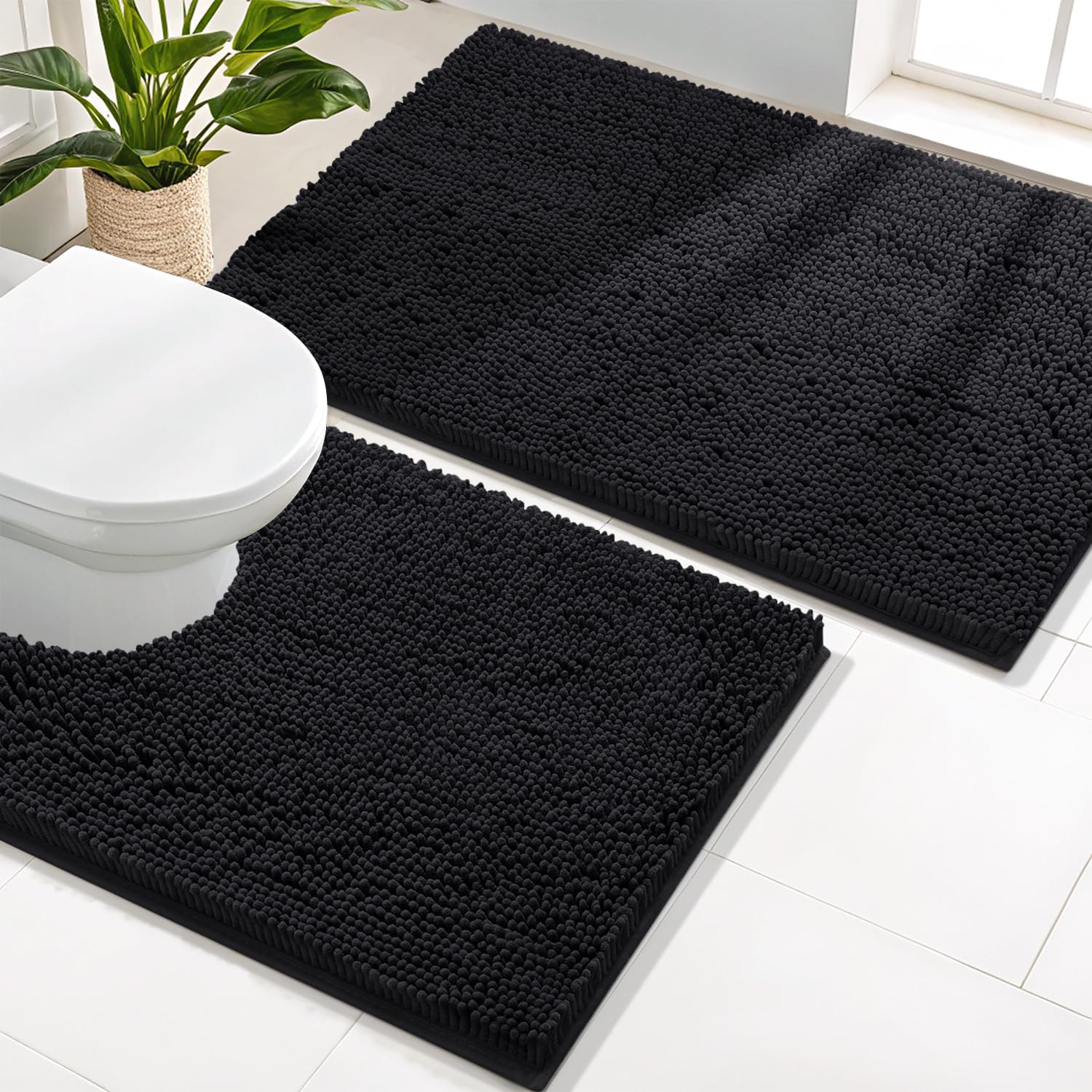 Photo 1 of Smiry Bathroom Rugs Set 2 Piece, Soft Absorbent Chenille Bath Mat and U-Shaped Toilet Rug Set, Non Slip Shaggy Bath Carpet for Tub, Shower and Floor (24x16+24x20, Black)