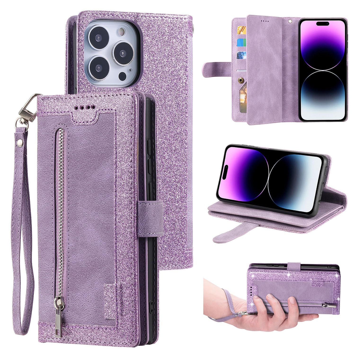 UEEBAI Wallet Case for iPhone 14 Pro Max 6.7 inch, Retro 9 Card Holder Slots Zipper Pocket Handbag Case PU Leather Magnetic Closure Kickstand with Wrist Strap TPU Shockproof Flip Case - Glitter Purple