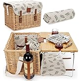 WILLOW WEAVE Picnic Basket with Table, Picnic Basket Set for 2, Willow Hamper with Wine Holder, Wicker Picnic Set with Blanket & Premium Tableware for Outdoor, Wedding, Anniversary, Birthday Gift