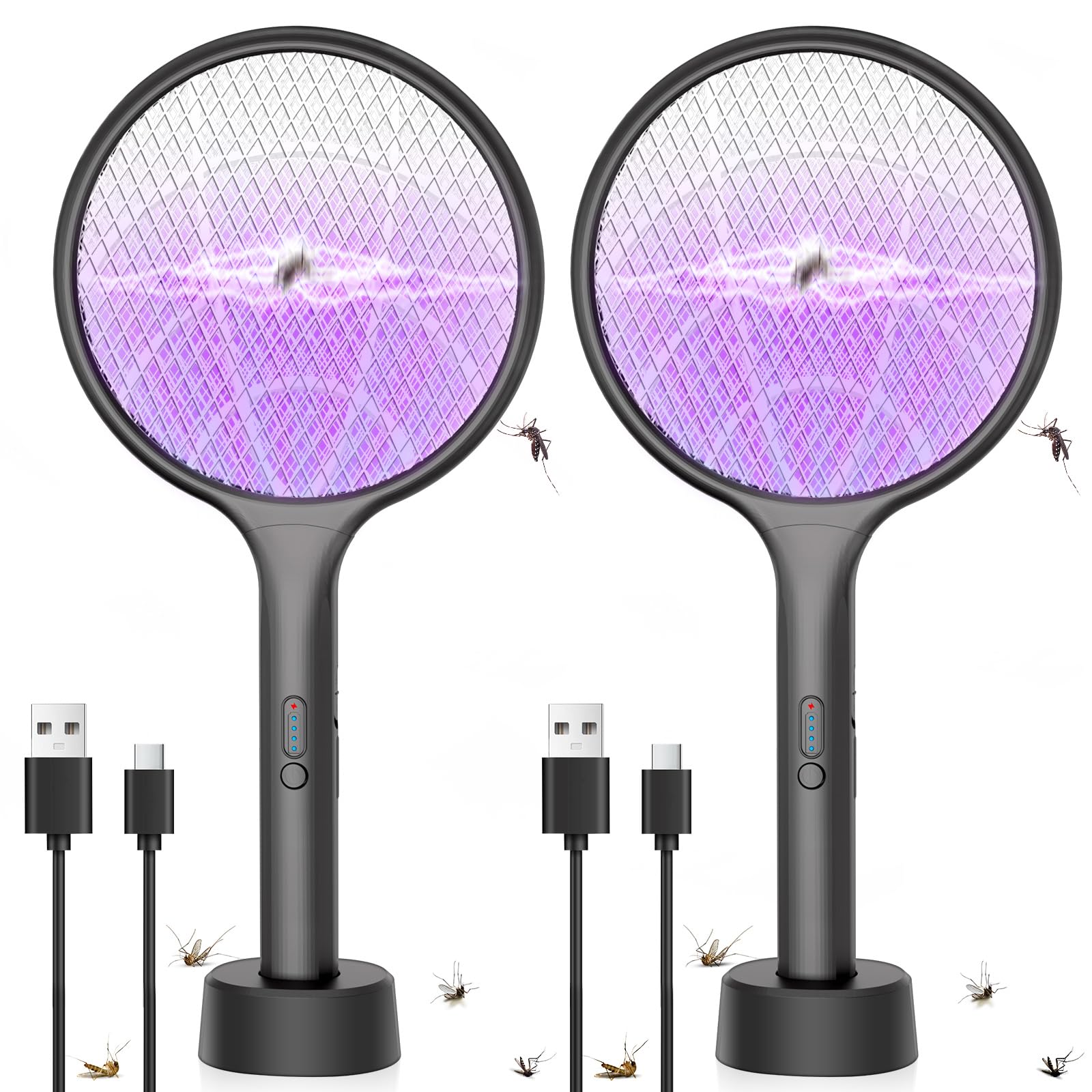 Photo 1 of 2Pack Electric Fly Swatter,4000V Bug Zapper Racket with 1500mah Battery Rechargeable,2 in 1 Fly Zapper & Purple Mosquito Killer Lamp with 3 Layers of Safety Net Suitable for Indoor and Outdoor Black