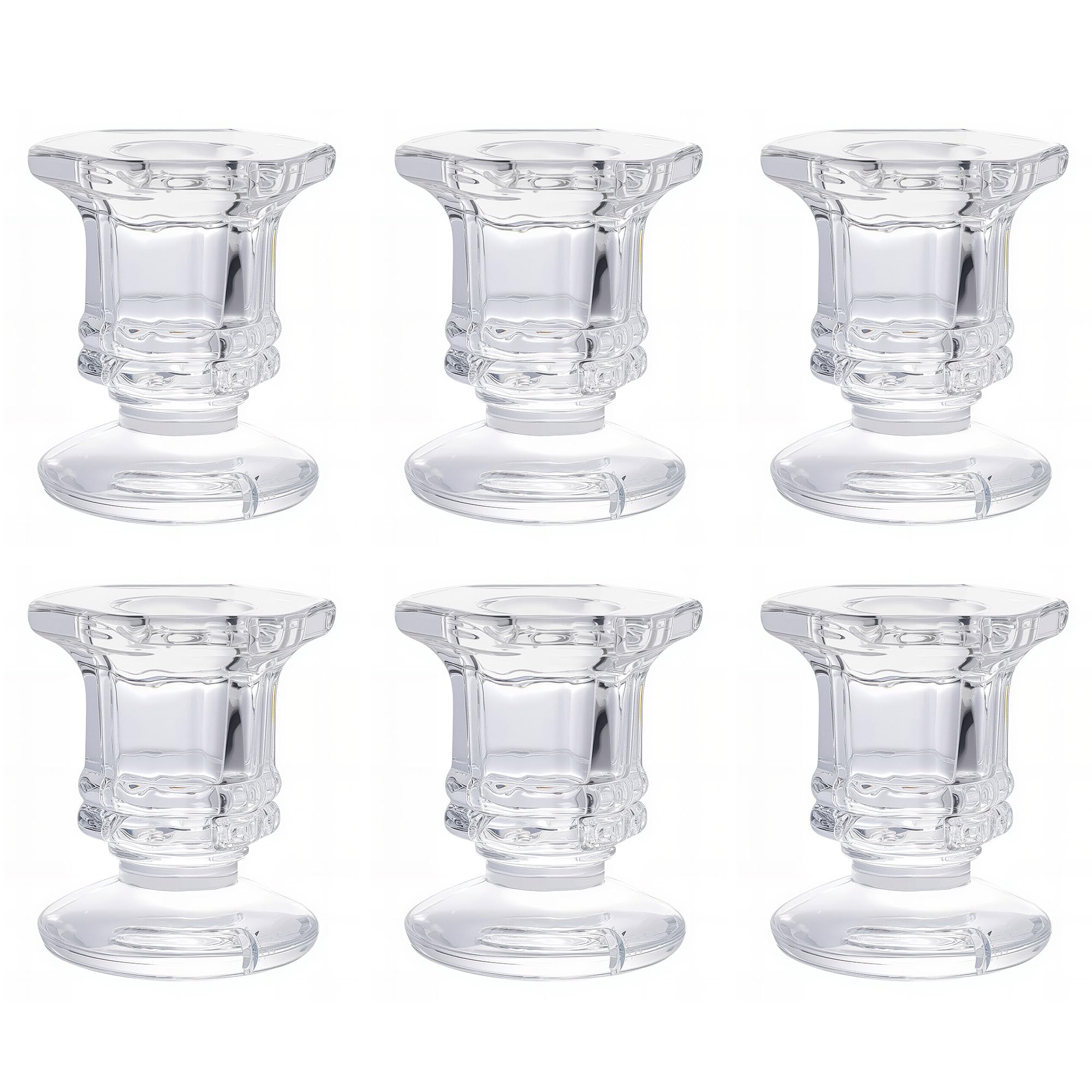 6Pcs Glass Candle Holder, Clear Taper Holders, Small Candlestick Stands in Bulk for Wedding, Dinner Table, Party, Festive Decor and Everyday Decoration (Clear)