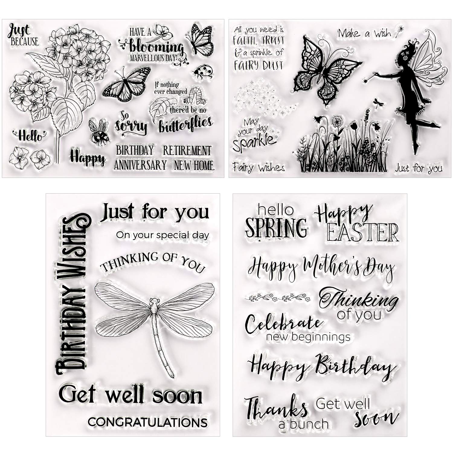 4 Pieces Clear Stamps Summer Silicone Stamp Cards with Flower, Butterfly, Dragonfly, Greeting Words Pattern for Card Making Decoration and DIY Scrapbooking Embossing Album Decor Craft