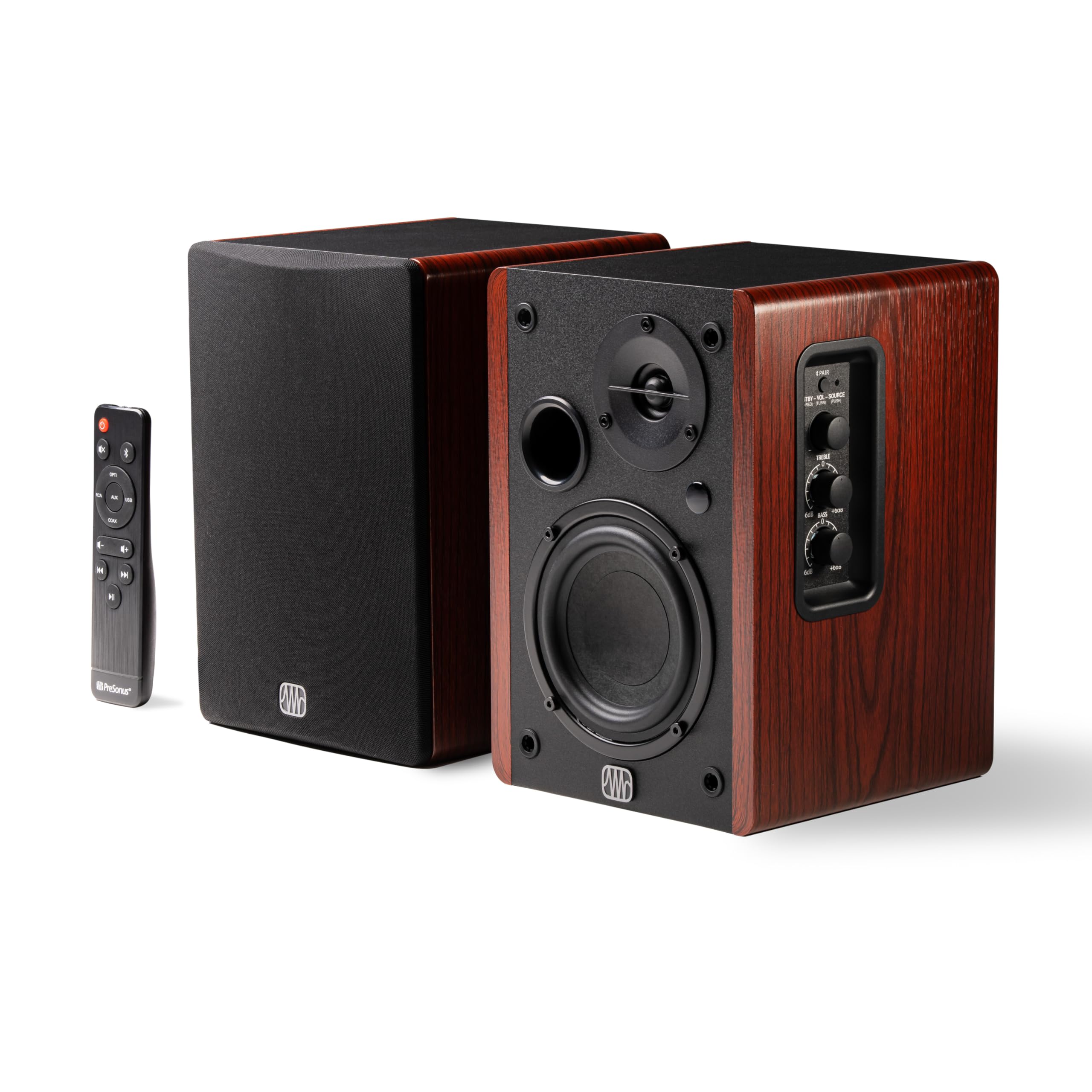 PreSonus Eris Accent BT 60W Powered Bookshelf Bluetooth Speakers – Studio Monitors for Turntable, Home, 4" Woofer, Silk Tweeter, USB-C, Optical, RCA, Coax, Remote, Sub Out, Wired Option, Wood Grain Image