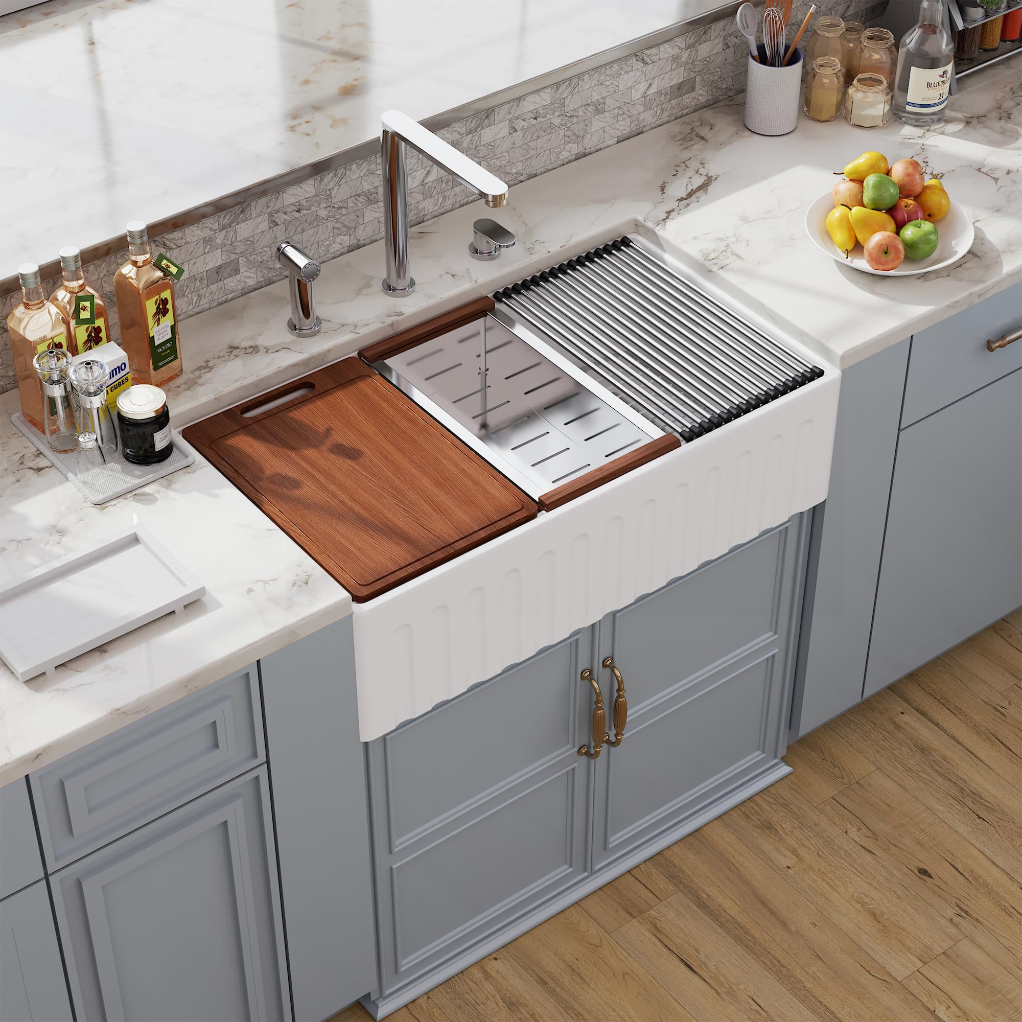 Photo 1 of 30 White Farmhouse Sink Reversible Workstation, Hugsleek Undermount Farm Kitchen Sink 30x20 inch Apron Front White Porcelain Ceramic Fireclay Sinks Single Bowl Under Counter Farmer Basin Accessories