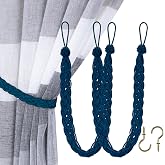 Home Queen Hand Braided Curtain Tie Back, Buckle Holdback Drapery Curtain Tiebacks, 2 Rope Belt Curtain Tie with 2 Metal Hooks, Navy