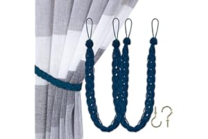 Home Queen Hand Braided Curtain Tie Back, Buckle Holdback Drapery Curtain Tiebacks, 2 Rope Belt Curtain Tie with 2 Metal Hooks, Navy