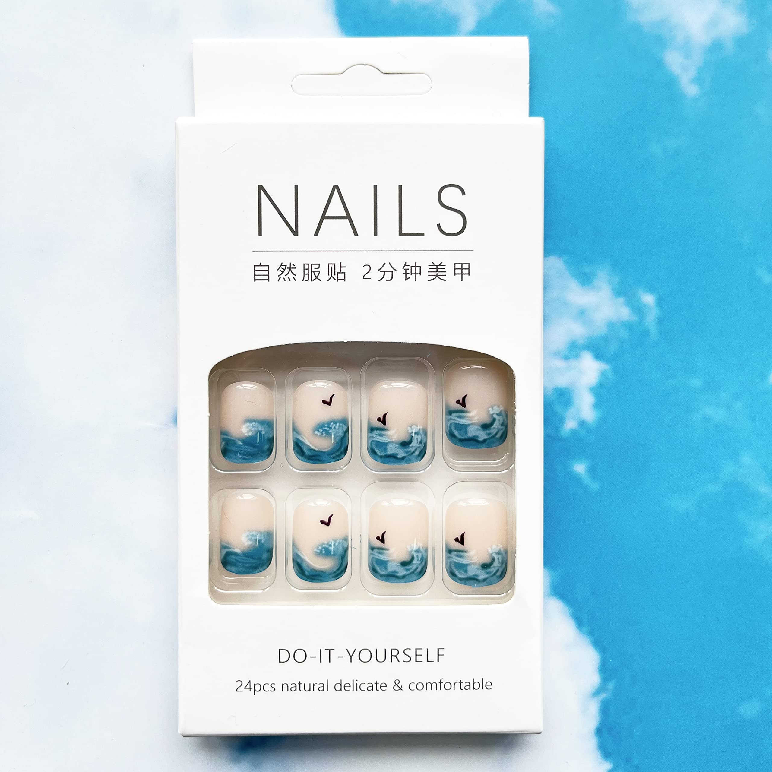 24Pcs Summer Press on Nails Short Blue Fake Nails Sea Wave French Tip Designs Square Acrylic Nails Nude Glossy Glue on Nails Extra Short Artificial Nails for Women Girls Holiday Nail Decorations - Image 4