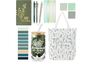Havawish 14 Pcs Book Lovers Gifts 16 oz Glass Cup Canvas Bag A6 Journal Notebook Ballpoint Pens Sticky Notes Highlighters for Christmas Book Lovers Day Librarians Gifts(Light Green,Aesthetic)