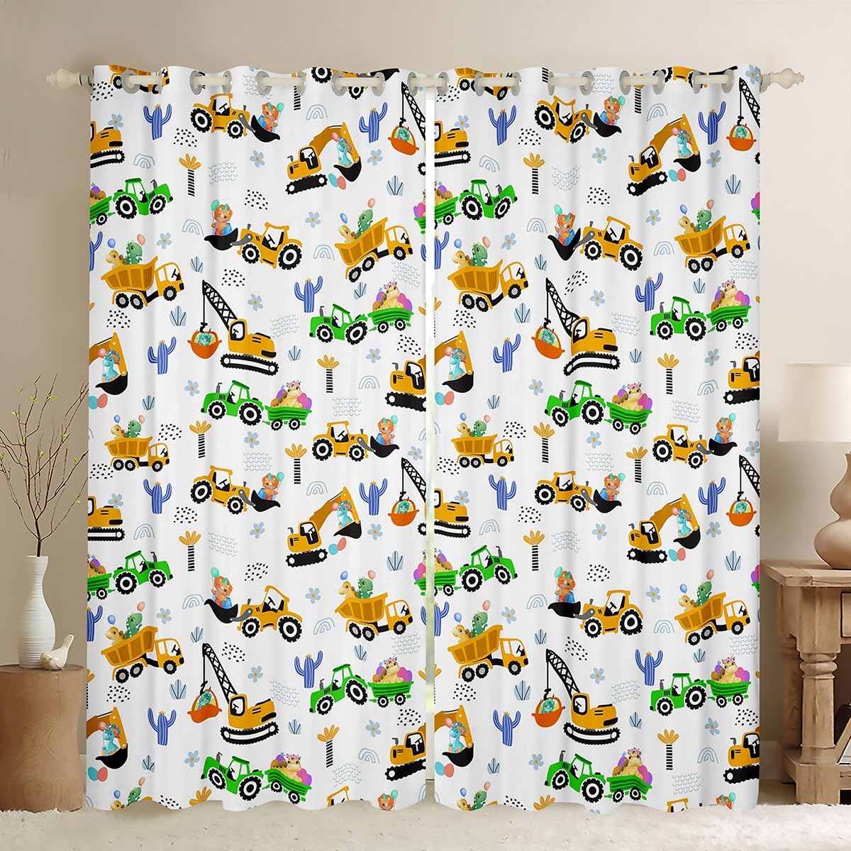 Homemissing Construction Vehicles Curtains for Bedroom Living Room Kids Equipment Trucks Blackout Curtains Boys Excavator Car Darkening Dreapes Construction Site Cars Window Treatments W46*L72