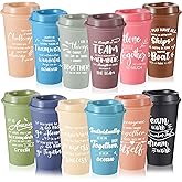 FillTouch 12 Pcs Appreciation Cups Gifts, Team Coffee Mugs for Office Coworkers Employee Staffs, 16 oz Reusable Plastic Cups with Lids, Gifts for Staff at Work (Morandi Color)