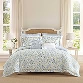 Laura Ashley - Queen Comforter Set, Soft Cotton Blend Bedding with Medium Weight Feel, Reversible Bedding with Matching Pillowscases, Bonus Euro Shams & Throw Pillows, 7 Piece Bed Set (Nora Blue)