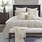 Madison Park King Comforter Set Clipped Jacquard Stripes with Buttons Boho Comforter for a King-Size Bed, Cotton Oversized Comforters with Removable Cover Boho Bedding, King Ivory 9 Piece