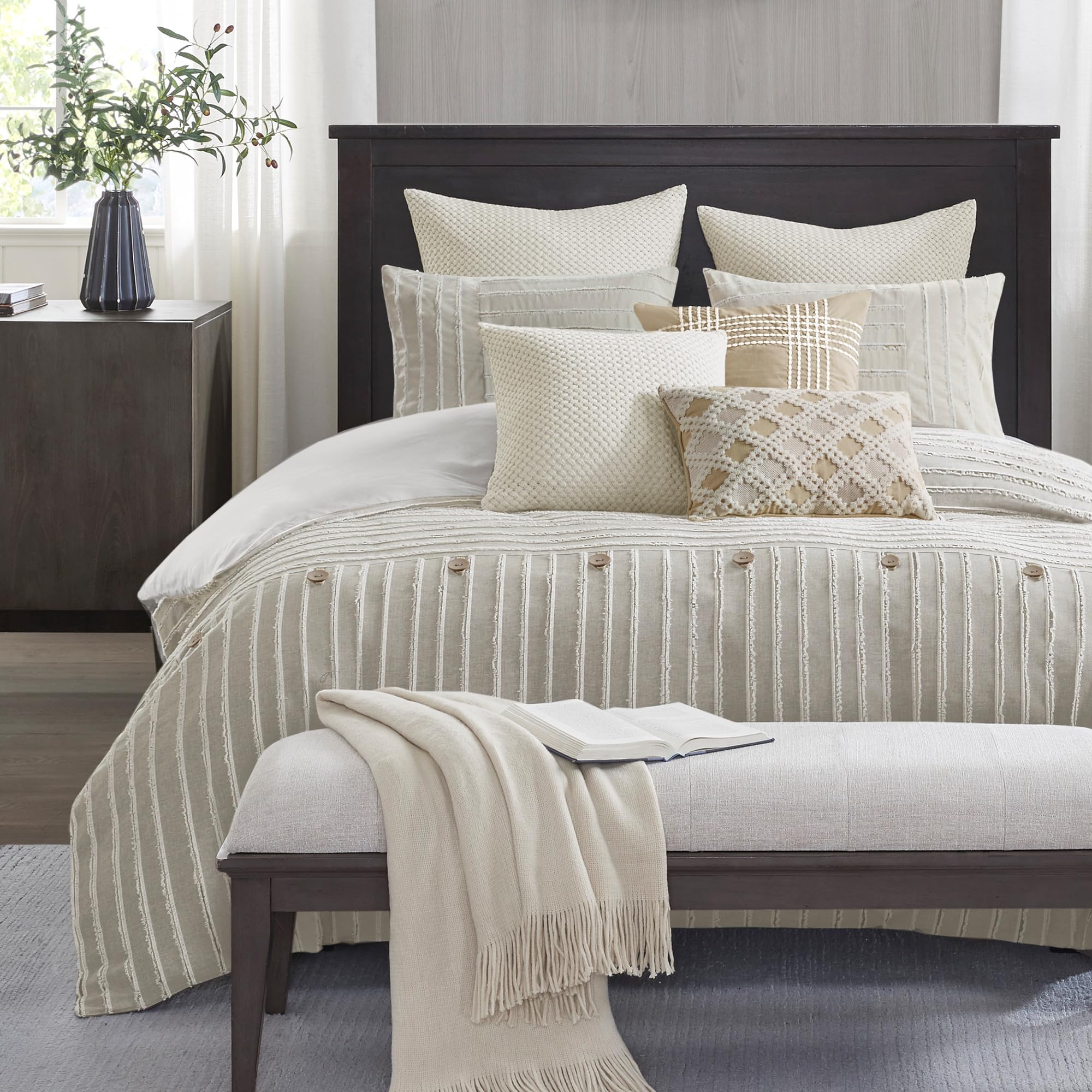 Photo 1 of Madison Park King Comforter Set Clipped Jacquard Stripes with Buttons Boho Comforter for a King-Size Bed, Cotton Oversized Comforters with Removable Cover Boho Bedding, King Ivory 9 Piece
