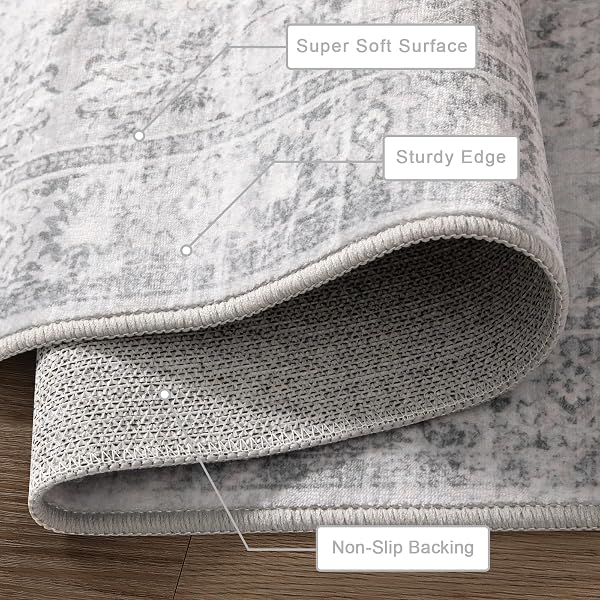 LIVEBOX TRADITIONAL RUG 9X12 – LARGE GRAY VINTAGE RUG FOR LIVING ROOM, WASHABLE SOFT FLORAL CARPET ANTI-SKID THIN NEUTRAL RUGS FOR OFFICE BEDROOM DINING ROOM, SILVERYGRAY