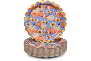 Confettiville Thanksgiving Paper Plates, 50-Count Disposable Thanksgiving Dinner Plates, Scalloped, Party Supplies, Pumpkins, Cornflower Blue