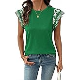 Acelitt Womens Summer Ruffle Short Sleeve Top Crewneck T Shirts Boho Floral Trim Casual Blouses