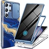 GVIEWIN for Samsung Galaxy S23 Ultra Case with Slide Camera Cover, [Built-in Privacy Screen Protector] [2 Front Frames] Military Grade Shockproof, Marble Protective Phone Case 6.8", Cerulean Flow/Blue