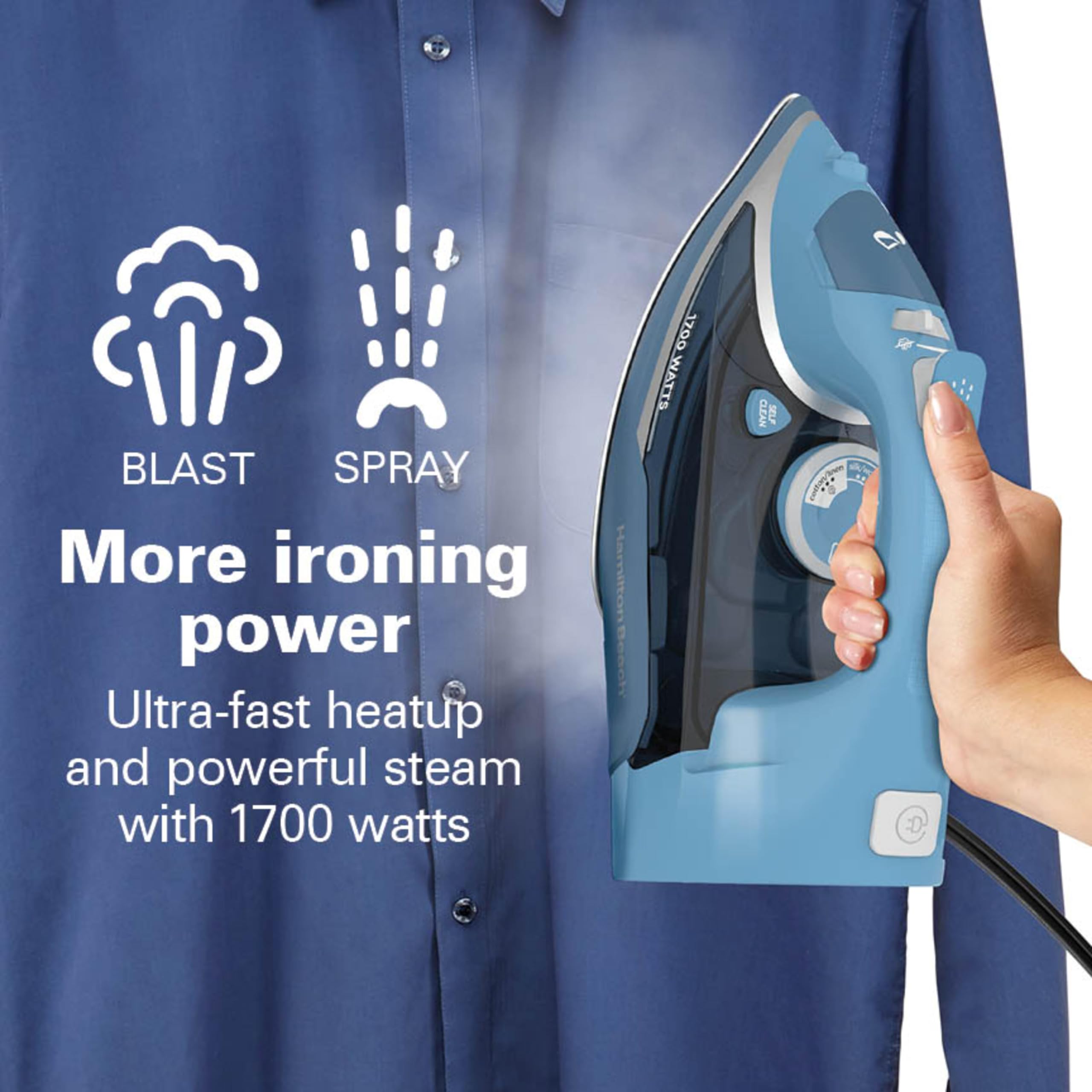 Hamilton Beach Steam Iron for Clothes & Garment Steamer with Durable Stainless Steel Soleplate, 1700 Watts for Ultra-Fast Heat, 8’ Retractable Cord, Auto Shutoff, 350 ml Water Tank, Blue (14216)