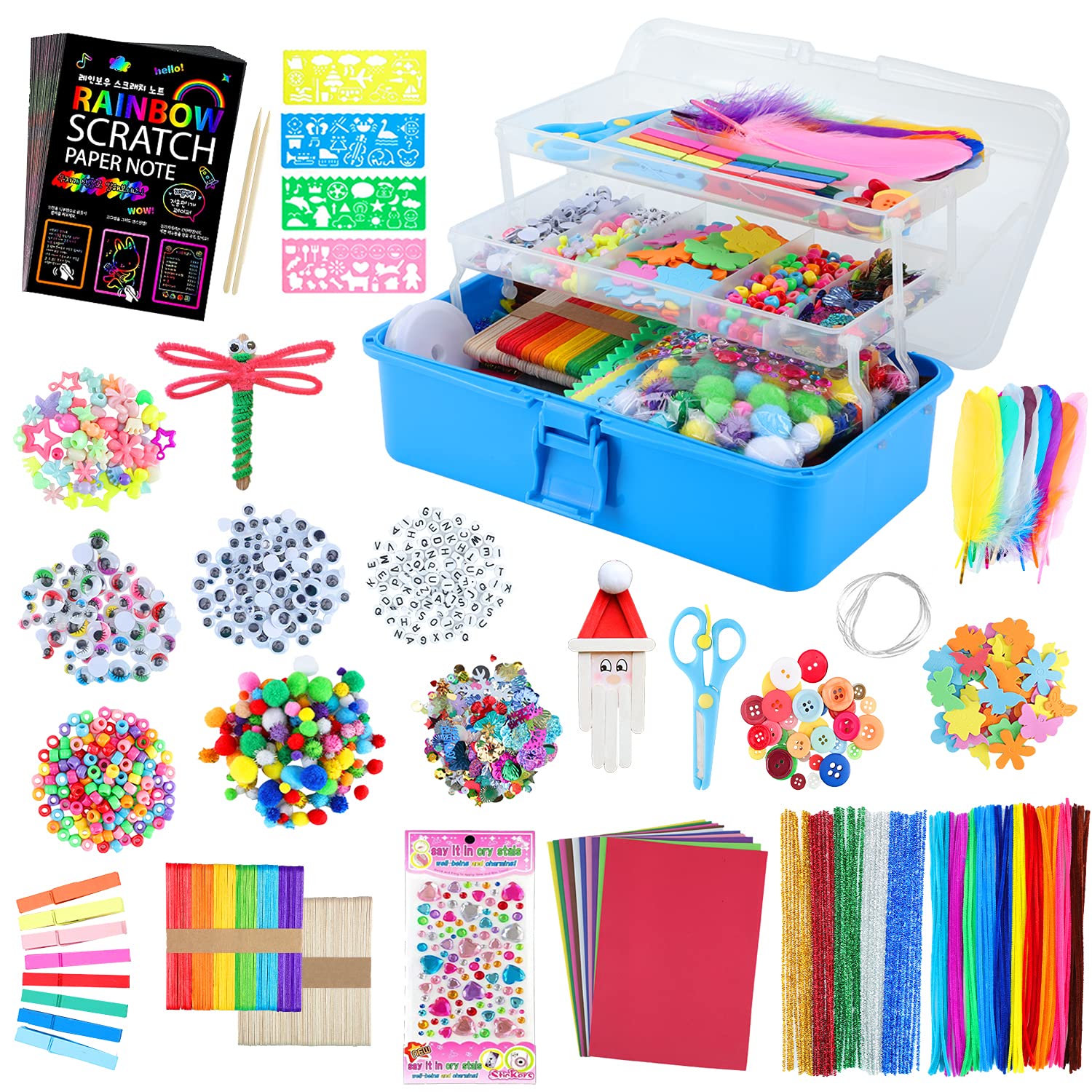 VOLINFO Arts and Crafts Supplies Set for Kids- 1600+ PCS DIY Craft Box for Kids, Include Scratch Paper Art Set, Craft Box Gift for Toddlers Age 4 5 6 7 8 9, Homeschool, Preschool(Blue)