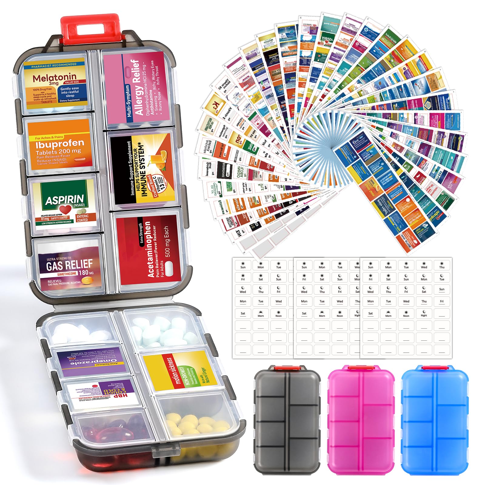 Photo 1 of 3 Pack 14 Grids Travel Pill Organizer Box with 415-Pcs Medicine Name Labels - Pocket Daily Pharmacy Case Container Kit - Travel Medication Holder Dispenser for Fish Oil Vitamin Supplement - Clear