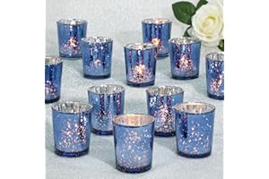 KEYWING 24 Packs Tea Lights Candle Holder, Blue Glass Votive Candle Holders Bulk for Wedding Centerpiece, Baby Shower, Birthday Party, Home Decor