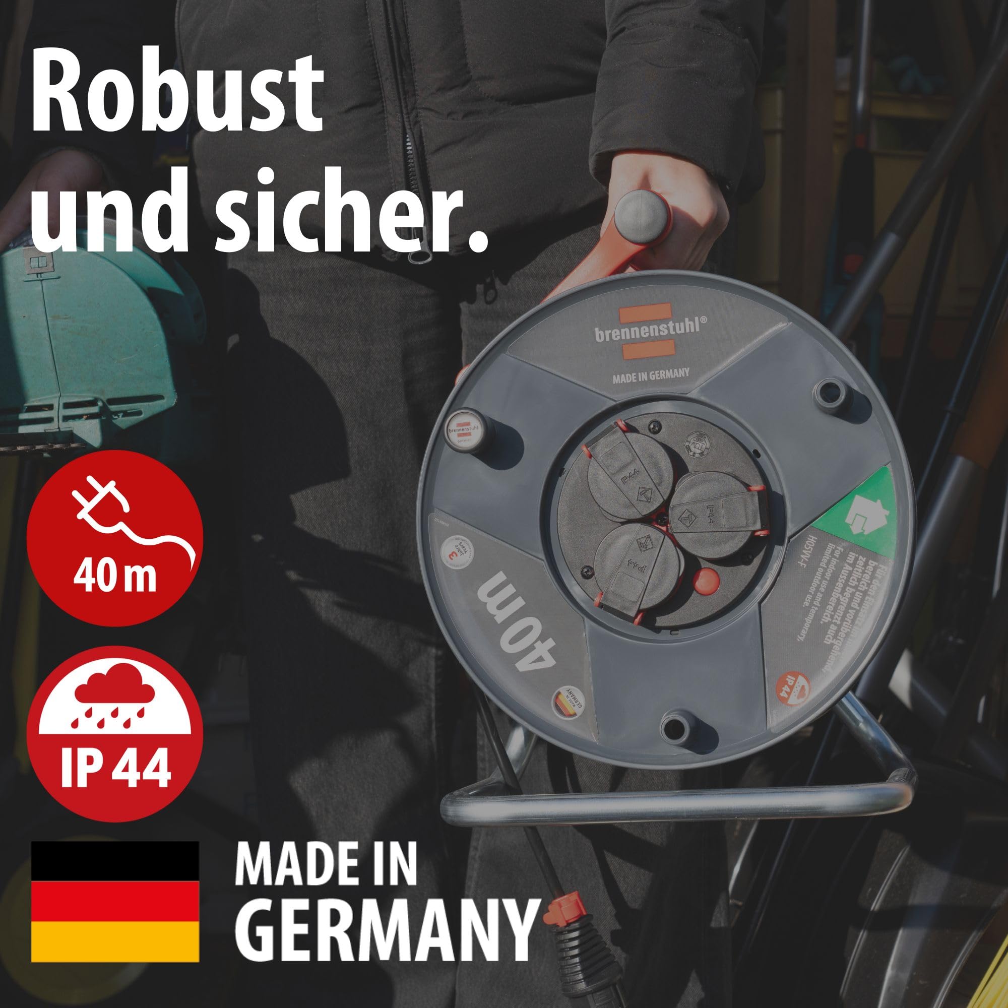 Brennenstuhl Garant V2 IP44 Kabeltrommel 40m outdoor (Made in Germany, 3 Schutzkontakt-Steckdosen, Spezialkunststoff) 2