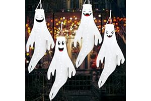 Geefuun 4PCS White Halloween Fierce Ghost Windsocks Hanging Decorations - Flag Wind Socks for Home Yard Outdoor Decor Party Supplies (Batteries Not Included,No Timer)