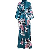 BABEYOND Women's Kimono Robe Long Satin Robes with Peacock and Blossoms Printed Kimono Nightgown